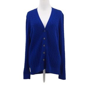 Land's End Blue Cable Knit Cardigan Sweater Womens XL Cotton V Neck